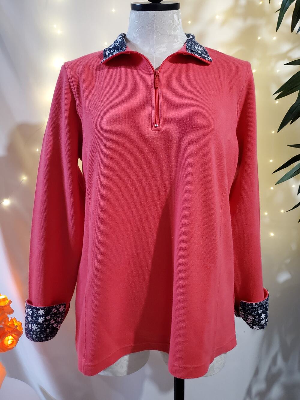 Orvis Signature Softest Floral Trim Quarter-Zip Sweatshirt Women's L Salsa Pink